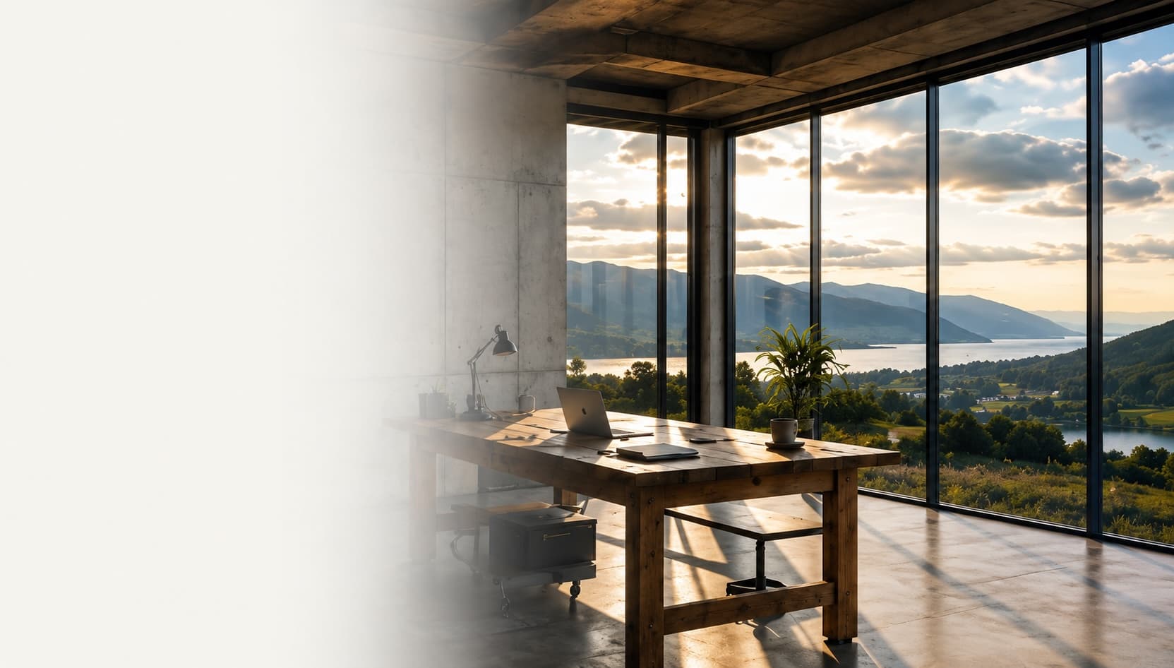 Loft mit Glasfront, Werkbank und weitem Blick als Metapher für Perspektivwechsel